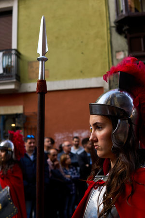 PAMPLONA, NAVARRA SPAIN APRIL 19 2019: HOLY WEEK PROCESSION THROUGH THE STREETS OF PAMPLONA