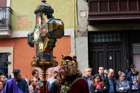 PAMPLONA, NAVARRA SPAIN APRIL 19 2019: HOLY WEEK PROCESSION THROUGH THE STREETS OF PAMPLONA