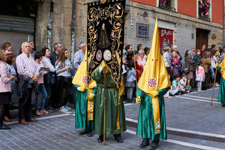PAMPLONA, NAVARRA SPAIN APRIL 19 2019: HOLY WEEK PROCESSION THROUGH THE STREETS OF PAMPLONA