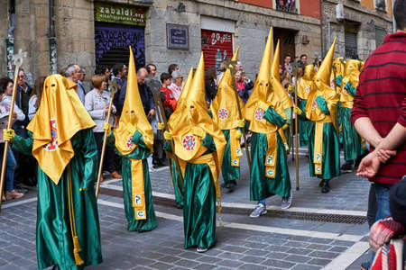PAMPLONA, NAVARRA SPAIN APRIL 19 2019: HOLY WEEK PROCESSION THROUGH THE STREETS OF PAMPLONA