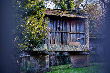 Old stone and wood barn called horreo, used in the Galician region of Irixo to store cereals, apples...