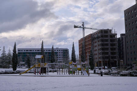 Pamplona, Navarra Spain april 01 2022, Surprise snowfall in early spring views of the neigborhood of Ripagainaのeditorial素材