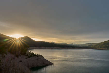 View of the Itoiz reservoir in Navarra, very empty due to the summer drought