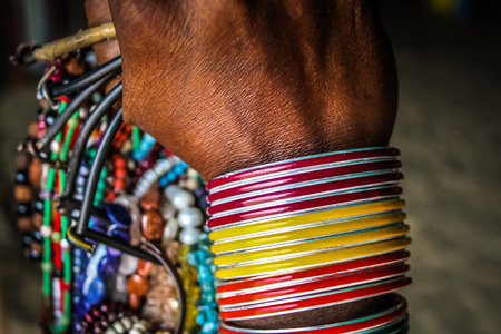 Colorful jewelry sold on the beach in southern Indiaの写真素材