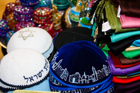 Closeup of religious objects in a shop in the bazaar of the old city of Jerusalemのeditorial素材