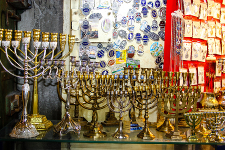 Closeup of religious objects in a shop in the bazaar of the old city of Jerusalemのeditorial素材