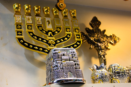 Religious objects in a shop in the bazaar of the old city of Jerusalem in Israel January 28-2018のeditorial素材