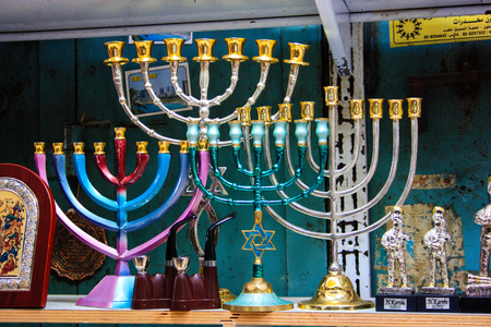 Religious objects in a shop in the bazaar of the old city of Jerusalem in Israel January 28-2018のeditorial素材