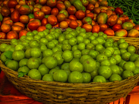 closeup of fruits and vegetables in the market in southern Indiaの写真素材