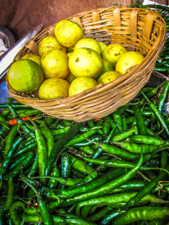 closeup of fruits and vegetables in the market in southern Indiaの写真素材