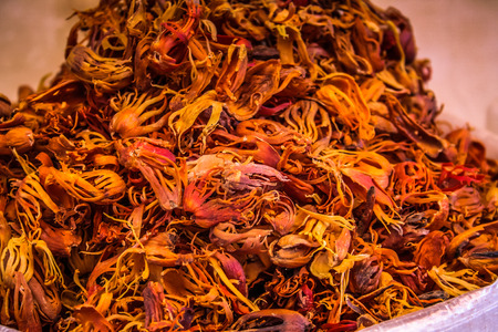 Closeup of different types of spices sold in Palolem market in Goa India