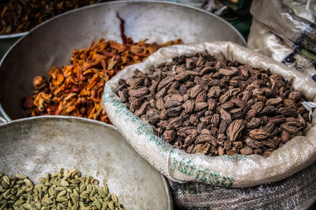 Closeup of different types of spices sold in Palolem market in Goa Indiaの写真素材
