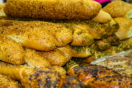 Closeup of bread rolls in a bakery in Israel