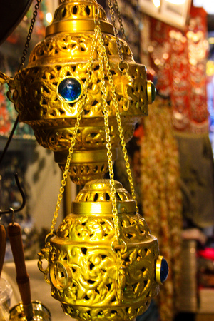 Closeup of handcrafted decorative objects in a shop in the bazaar of Jerusalemの写真素材