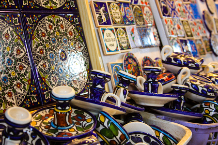Closeup of handcrafted decorative objects in a shop in the bazaar of Jerusalemの写真素材