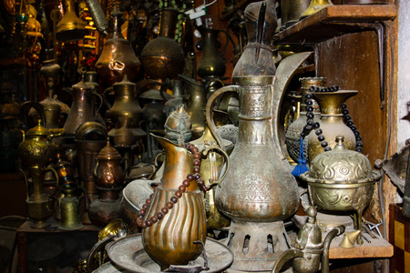Closeup of handcrafted decorative objects in a shop in the bazaar of Jerusalemの写真素材
