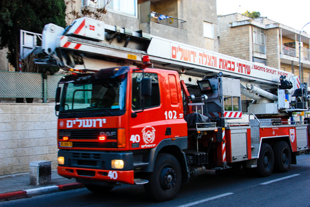 closeup of a fire engine in the street of Jerusalem