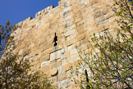 Closeup of the outer wall of the city of Jerusalem in Israelの写真素材