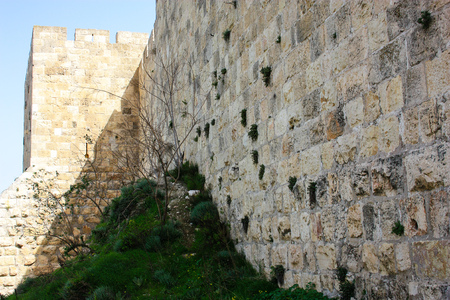 Closeup of the outer wall of the city of Jerusalem in Israelのeditorial素材