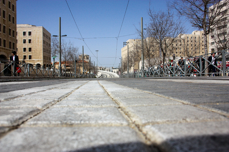 View of the tramway of Jerusalem and unknowns at Yafo street noonのeditorial素材