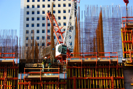 View of a building site of a new building in the city of Tel Aviv in Israel on the eveningのeditorial素材
