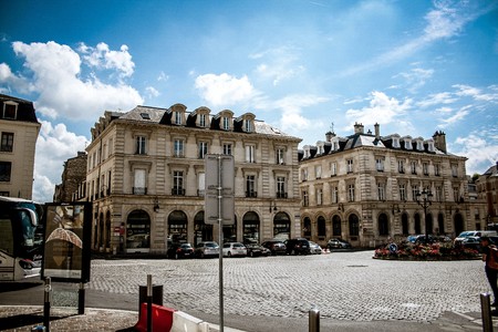 View of buildings in the street of Reims in France on the morningのeditorial素材