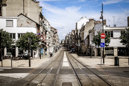 View of buildings in the street of Reims in France on the morningのeditorial素材