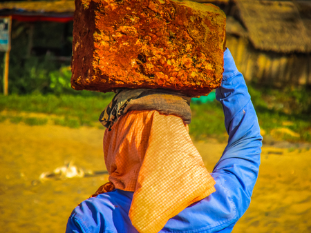 Unknowns women workers carrying stone on the head in Gokarna beach Karnataka India December 03-2017 on the morningのeditorial素材