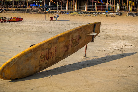 Surfboard of life on the beach of Palolem Goa Indiaの写真素材