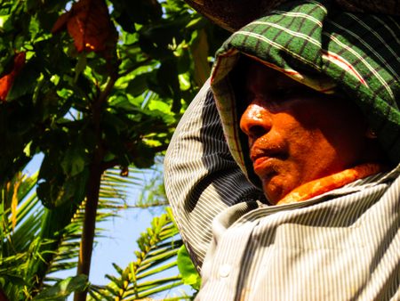 Unknown worker unloading sand from a truck at Gokarna Karnataka India December 4, 2017 morningのeditorial素材