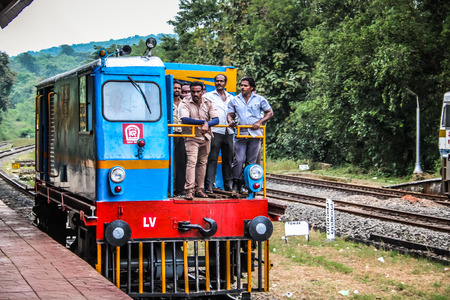 Closeup of a train at the Pernem train station Goa India October 27, 2017 morningのeditorial素材