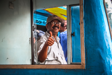 Closeup of a train at the Pernem train station Goa India October 27, 2017 morningのeditorial素材