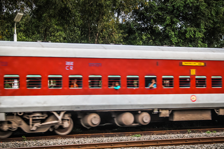 Closeup of a train at the Pernem train station Goa India October 27, 2017 morningのeditorial素材