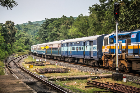 Closeup of a train at the Pernem train station Goa India October 27, 2017 morning