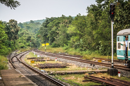 Closeup of a train at the Pernem train station Goa India October 27, 2017 morning