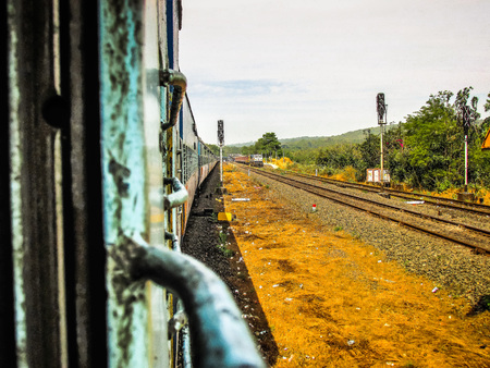 Closeup of a train at the Madgaon Goa India train station October 27, 2017 morningのeditorial素材