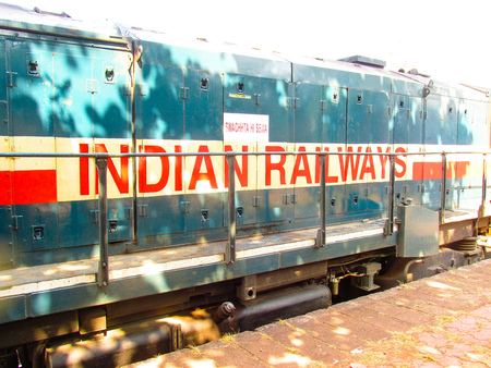 Closeup of a train at the Madgaon Goa India train station October 27, 2017 morning