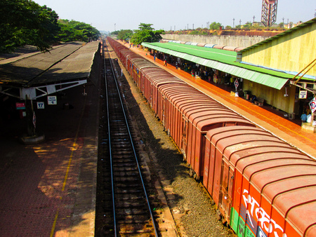 Closeup of a train at the Madgaon Goa India train station October 27, 2017 morning