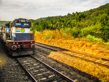 Closeup of a train at the Madgaon Goa India train station October 27, 2017 morningのeditorial素材