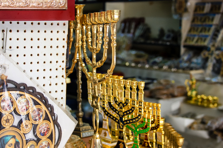 Closeup of handcrafted decorative objects at the bazaar of Jerusalem Israel March 23, 2018 morningのeditorial素材