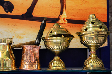 Closeup of handcrafted decorative objects at the bazaar of Jerusalem Israel March 23, 2018 morningのeditorial素材