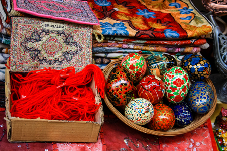 Closeup of handcrafted decorative objects at the bazaar of Jerusalem Israel March 23, 2018 morningのeditorial素材