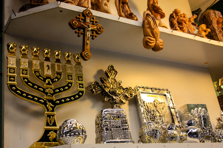 Closeup of handcrafted decorative objects at the bazaar of Jerusalem Israel March 23, 2018 morningのeditorial素材