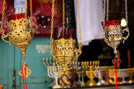 Closeup of handcrafted decorative objects at the bazaar of Jerusalem Israel March 23, 2018 morningのeditorial素材