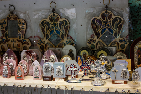 Closeup of handcrafted decorative objects at the bazaar of Jerusalem Israel March 23, 2018 morningのeditorial素材