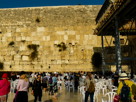 Jerusalem Israel April 16, 2018 Unknown woman praying front the Western Wall at the old city of...