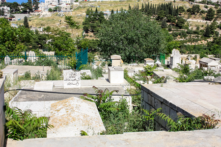 Jerusalem Israel April 24, 2018 Closeup of the ancient Arab cemetery outside the Old City of...