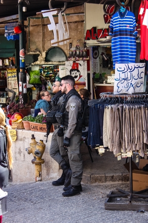 Jerusalem Israel April 24, 2018  View of the Israeli police standing at Damascus gate in the old city of Jerusalem on afternoonのeditorial素材