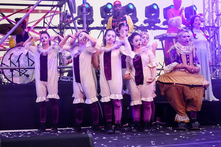 Jerusalem Israel May 10, 2018 The celebrations of the Middle Kingdom of the Golden Tooth Festival at the Old city of Jerusalem, The dance of unstoppable joy on the festival stage in the eveningのeditorial素材