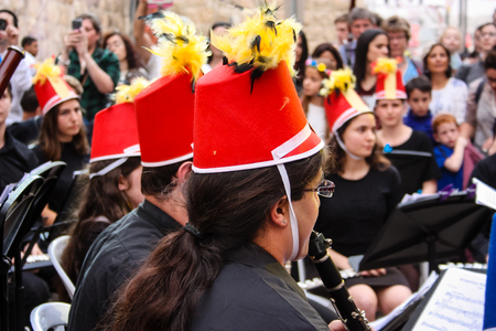 Jerusalem Israel May 10, 2018 The celebrations of the Middle Kingdom of the Golden Tooth Festival at the Old city of Jerusalem, View of the musicians of the avant-garde orchestra playing a music concert in the eveningのeditorial素材